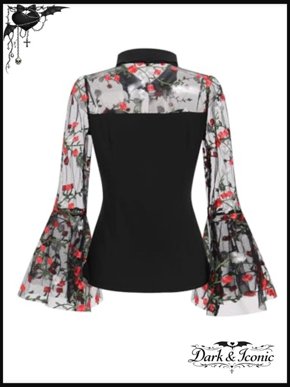 Gothic Bell Sleeve Blouse with Sheer Mesh - Vintage Rockabilly Top - Picture 4 of 6